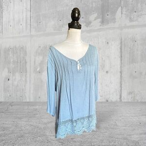Boho blue cottagecore long bell sleeve crochet swiss dot peasant top blouse